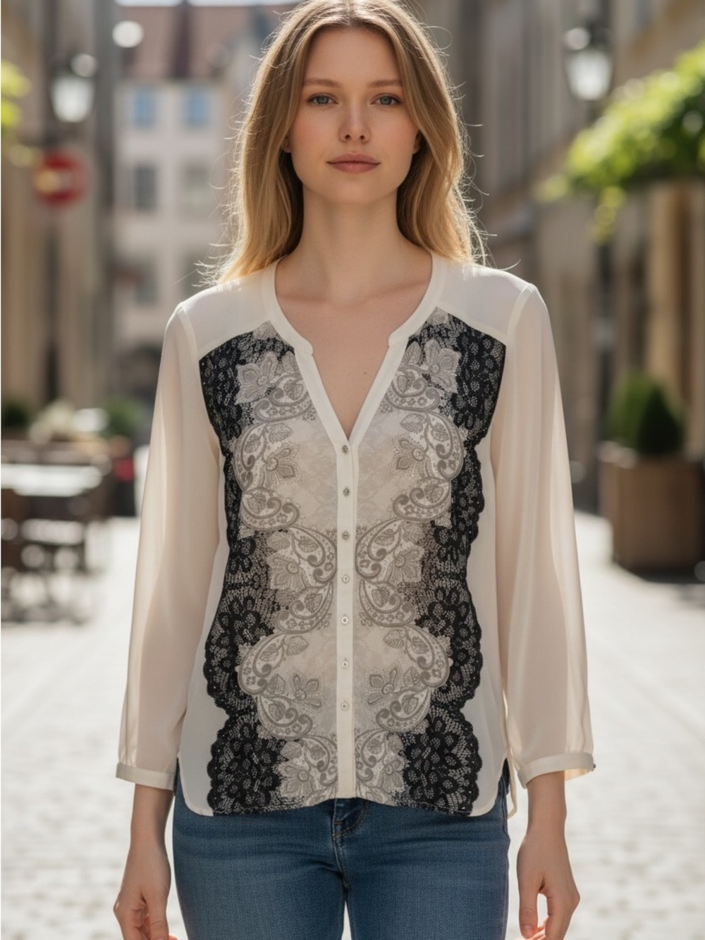 le chateau Ivory and Black button down Printed Hem Blouse size large